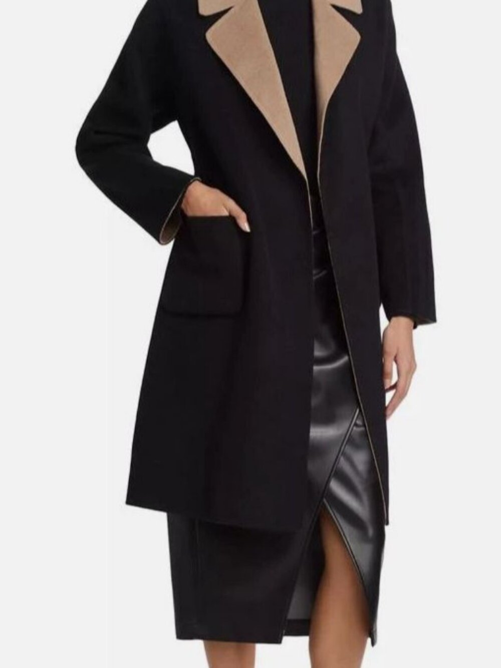 Elie Tahari Women's Black Brown Marina Reversible Colorblocked Wool Open Coat L
